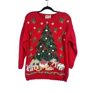 Vintage Christmas Knit Sweater Red M Festive Holiday Classic Retro Plaid 80s